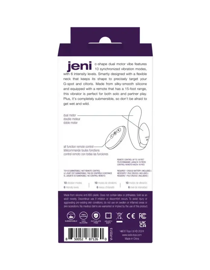 Jeni C-Shaped Dual Motor Vibe With Remote - Purple