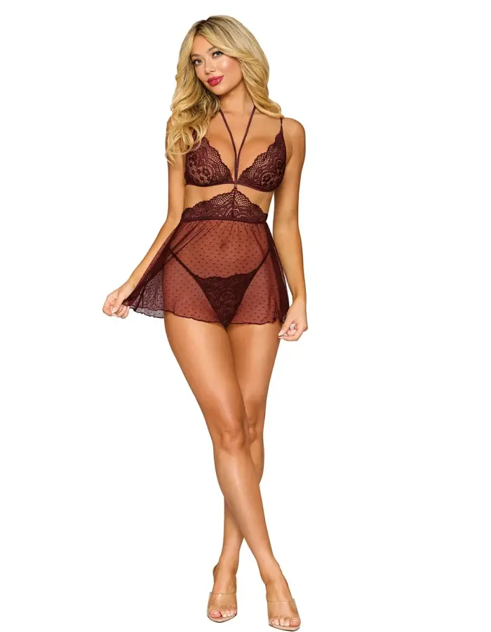 Bralette, Babydoll Skirt, and G-String Dmnd - One Size - Cherry Lacquer
