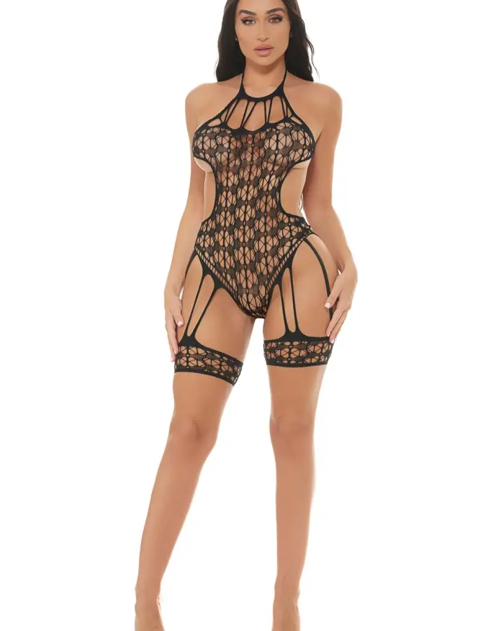 Trust Issues Halter Teddy With Leg Garters Black - Os