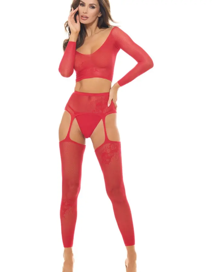 Permanent Mark Long Sleeve Top and Garter Bodystocking Red - Os
