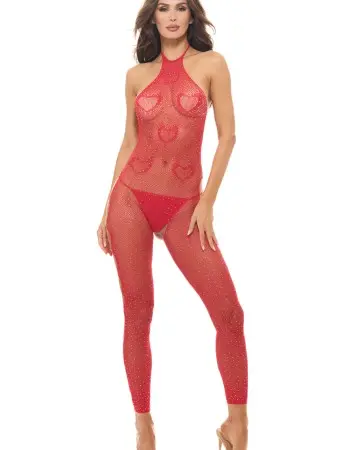 Love Stroke Stones Heart Bodystocking and G-String Red - Os