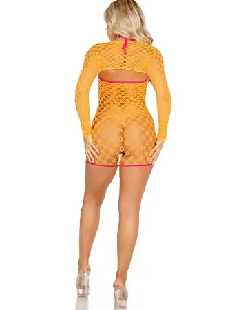 2 Pc Eyelet Net Mini Dress With Tie- Front Keyhole and Shrug O/s - Neon Orange