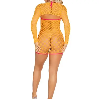 2 Pc Eyelet Net Mini Dress With Tie- Front Keyhole and Shrug O/s - Neon Orange