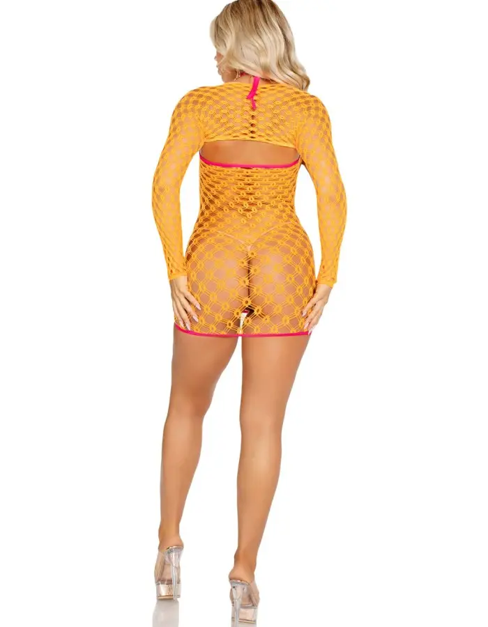 2 Pc Eyelet Net Mini Dress With Tie- Front Keyhole and Shrug O/s - Neon Orange