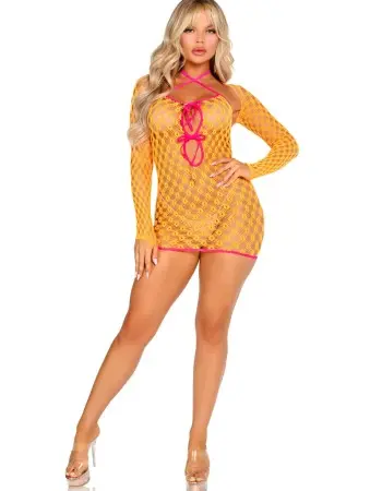 2 Pc Eyelet Net Mini Dress With Tie- Front Keyhole and Shrug O/s - Neon Orange
