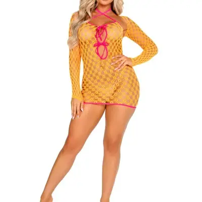 2 Pc Eyelet Net Mini Dress With Tie- Front Keyhole and Shrug O/s - Neon Orange