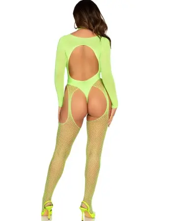 2 Pc Fishnet Suspender Lingerie Jumpsuit and Layered Opaque Teddy O/s - Neon Green