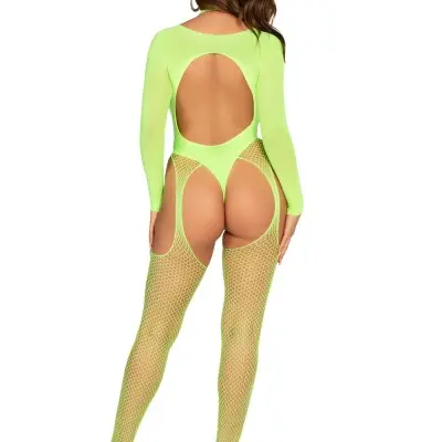2 Pc Fishnet Suspender Lingerie Jumpsuit and Layered Opaque Teddy O/s - Neon Green