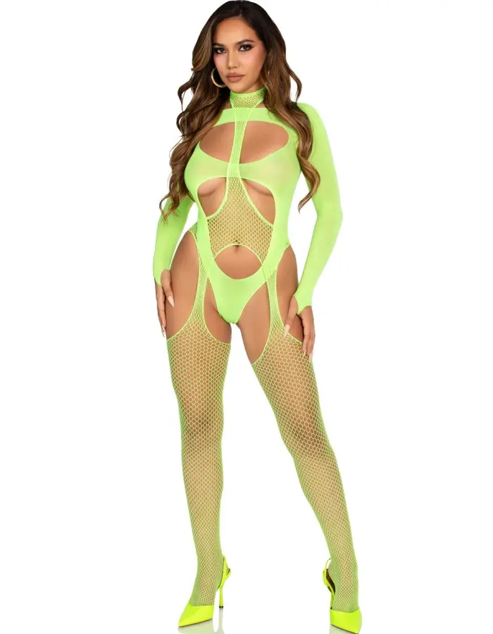2 Pc Fishnet Suspender Lingerie Jumpsuit and Layered Opaque Teddy O/s - Neon Green