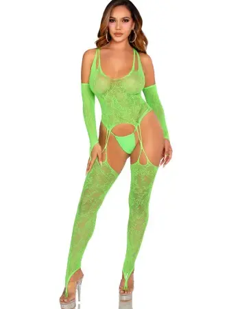 2 Pc Lace Halter Footless Cami Garter With Attached Toe Loop Stockings O/s - Neon Green