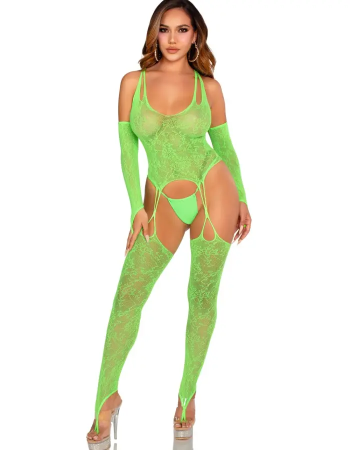 2 Pc Lace Halter Footless Cami Garter With Attached Toe Loop Stockings O/s - Neon Green
