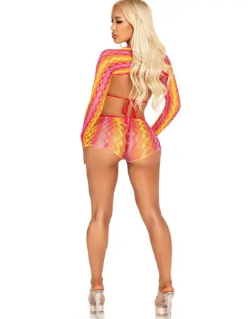 3 Pc Zig Zag Net Bikini Top, Boyshorts and Shrug O/s - Multicolor