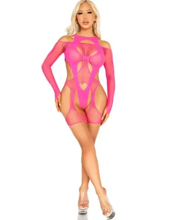2 Pc Fishnet Garter Harness and Opaque Cut-Out Teddy O/s - Neon Pink