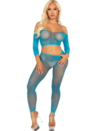 Rhinestone Fishnet Crop Top and Footless Tights O/s - Neon Blue