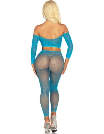 Rhinestone Fishnet Crop Top and Footless Tights O/s - Neon Blue