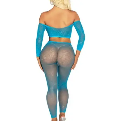 Rhinestone Fishnet Crop Top and Footless Tights O/s - Neon Blue