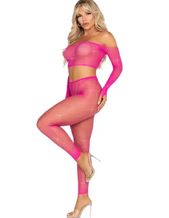 Rhinestone Fishnet Crop Top and Footless Tights O/s - Neon Pink