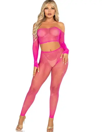 Rhinestone Fishnet Crop Top and Footless Tights O/s - Neon Pink