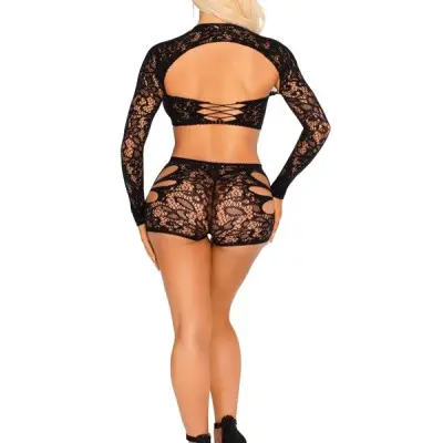 2 Pc Lace Cut-Out Bra Top, Attached Shrug, and Boy Shorts O/s - Black