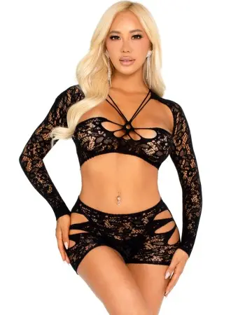 2 Pc Lace Cut-Out Bra Top, Attached Shrug, and Boy Shorts O/s - Black