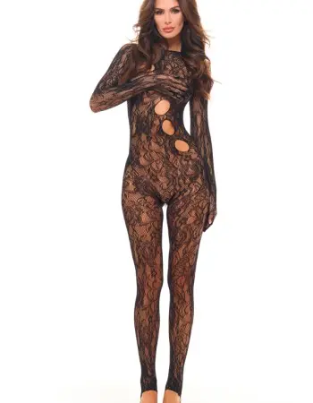 Split Up Lace Bodystocking - Black - Os
