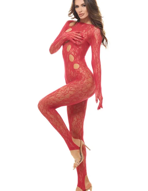 Split Up Lace Bodystocking - Red - Os