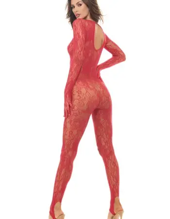 Split Up Lace Bodystocking - Red - Os