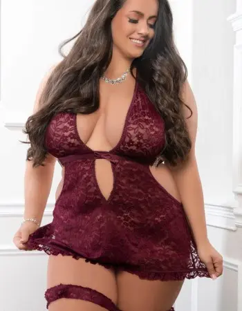3pc Halter Laced Mini Dress, Thong and Garters - Qs - Italian Plum