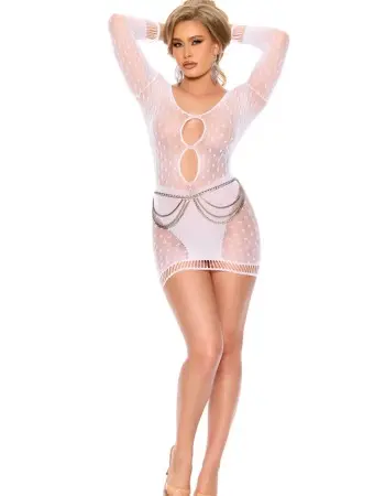 Polka Dot Crochet Mini Dress with Keyhole Front and Back - White - Os