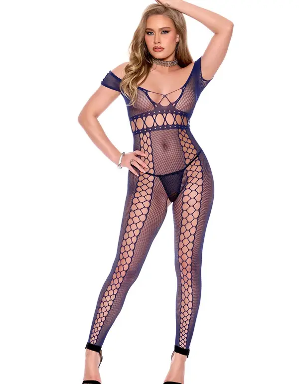 Crochet Net Footless Bodystocking with Cap Sleeves, Open Crotch - Midnight Blue - Os