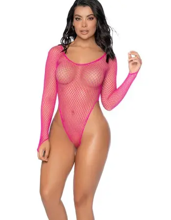 Essential Fishnet Long Sleeve Bodysuit - Os - Neon Pink