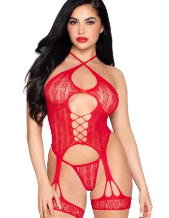 2pc Heart Net Halter Cami and G-String Panty - Os - Red
