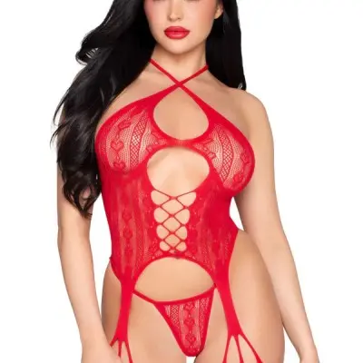 2pc Heart Net Halter Cami and G-String Panty - Os - Red