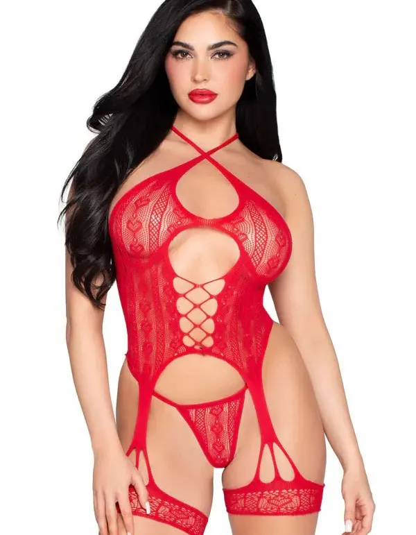 2pc Heart Net Halter Cami and G-String Panty - Os - Red