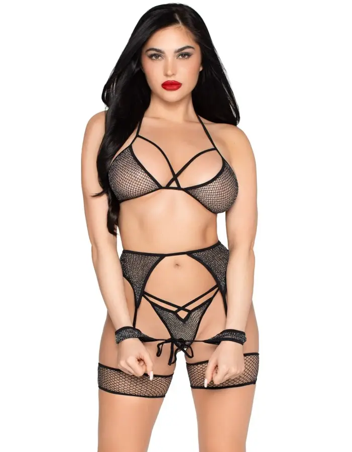 4pc All Tied Up Shimmer Bra and Panty Set - Os - Black/silver
