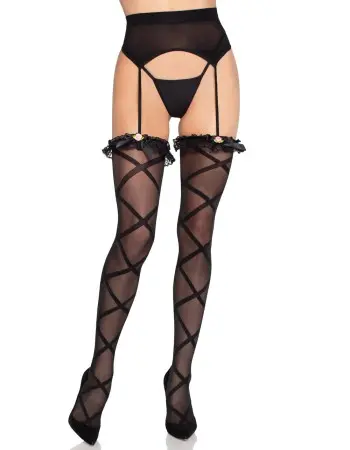 Sheer Faux Wrap Lace Top Stockings with Attached Garter Belt and Rosette Bow Accent - Os - Black