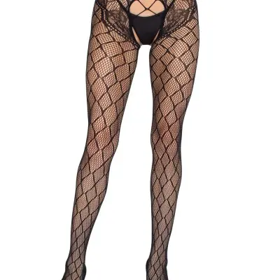 Faux Layer Net Tights With Crotchless Floral Panty - Os - Black