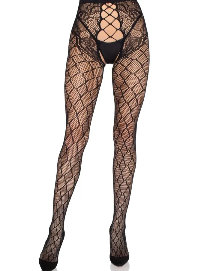 Faux Layer Net Tights With Crotchless Floral Panty - Os - Black