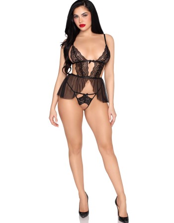 2 Pc Scalloped Lace and Mesh Babydoll and Matching Crotchless Panty - Medium - Black