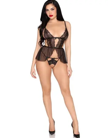 2 Pc Scalloped Lace and Mesh Babydoll and Matching Crotchless Panty - Medium - Black
