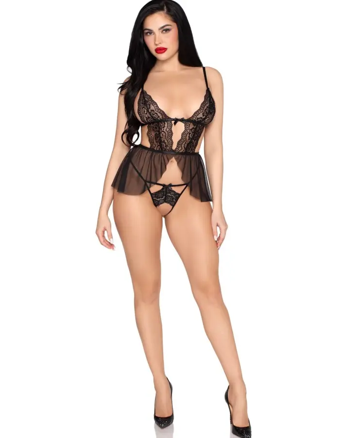 2 Pc Scalloped Lace and Mesh Babydoll and Matching Crotchless Panty - Medium - Black