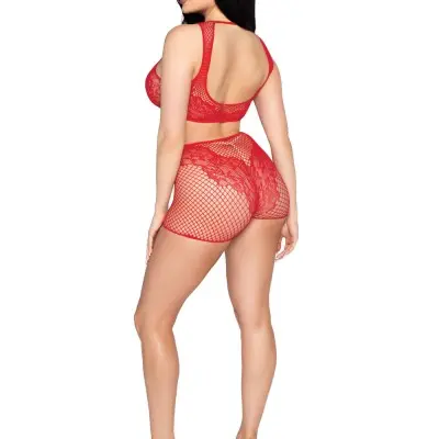 2 Pc Net and Lace Crop Top and Matching Boy Shorts - Os - Red