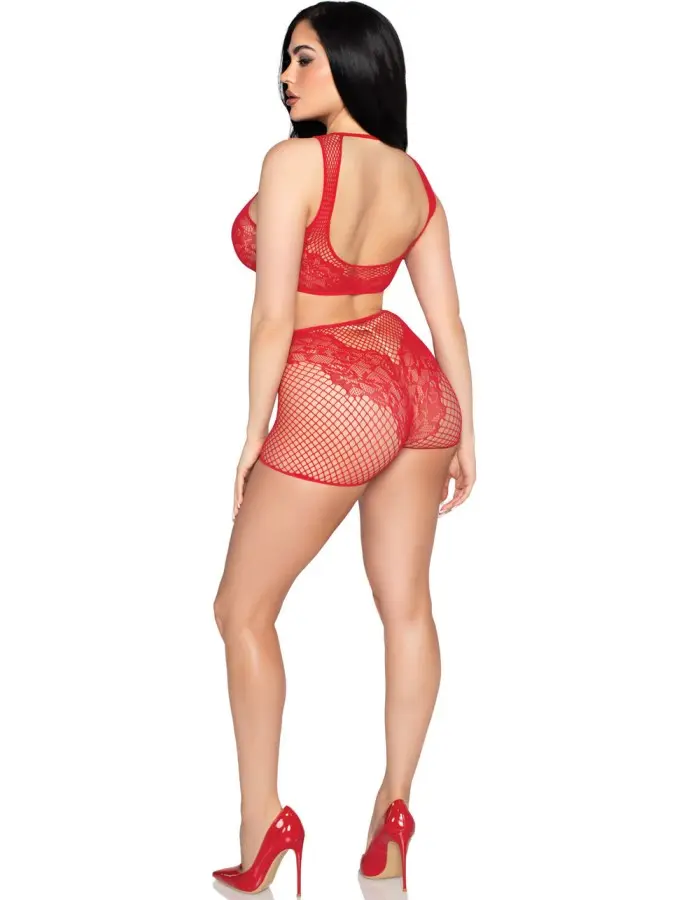 2 Pc Net and Lace Crop Top and Matching Boy Shorts - Os - Red