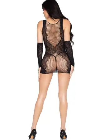 2 Pc Wild Rose Lace Mini Dress and Matching Gloves - Os - Black