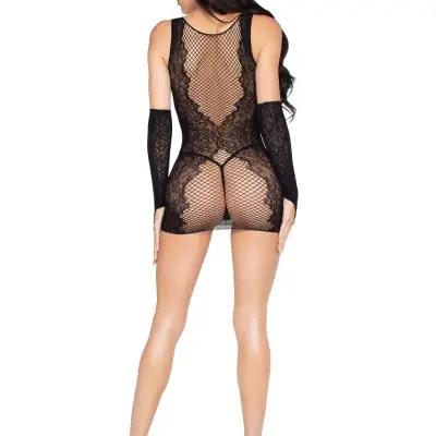 2 Pc Wild Rose Lace Mini Dress and Matching Gloves - Os - Black