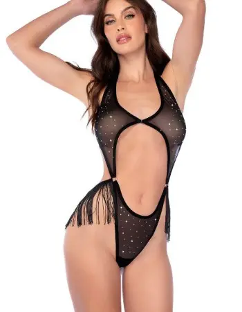 Rhinestone Fringe Mesh Bodysuit - OS - Black