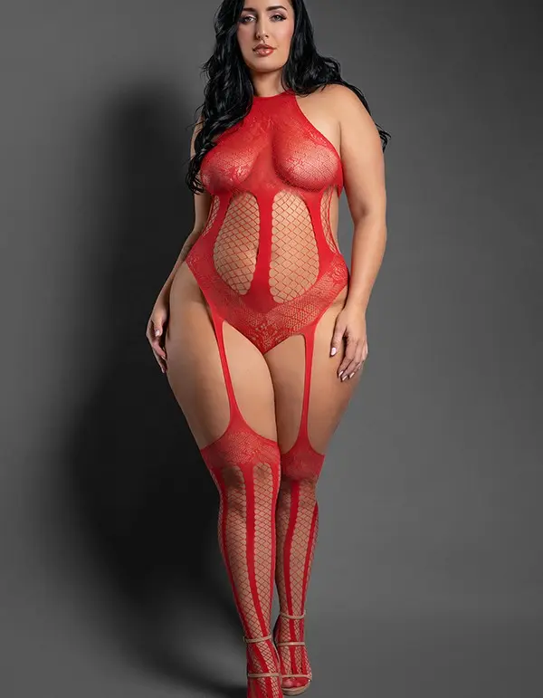 Stripped Down Teddy Bodystocking - Queen - Red