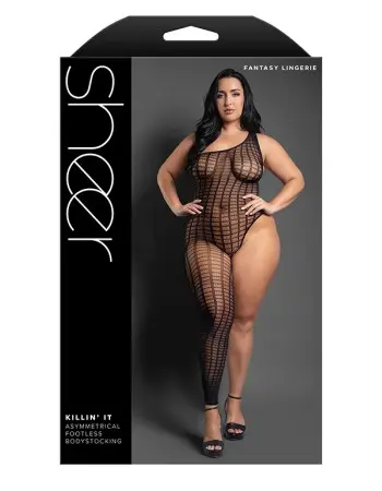 Killin It Asymmetrical Footless Bodystocking - Queen - Black