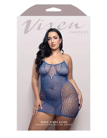 When Stars Align Rhinestone Halter Dress - Queen - Blue