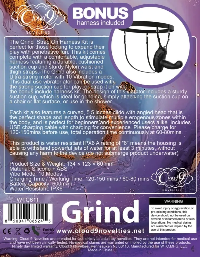 Cloud 9 Grind Insertable Vibe Suction Cup and Harness - Black